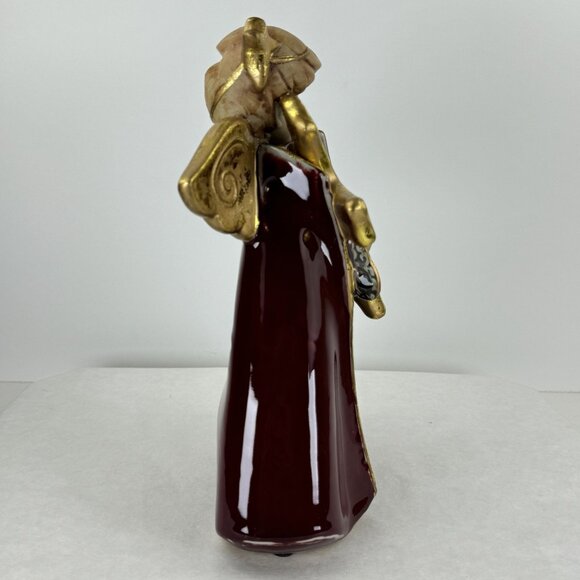 Vintage Ceramic Angel Candle Holder With Star Bow 8.5" Tall Gold & Burgundy Chr - Picture 3 of 10